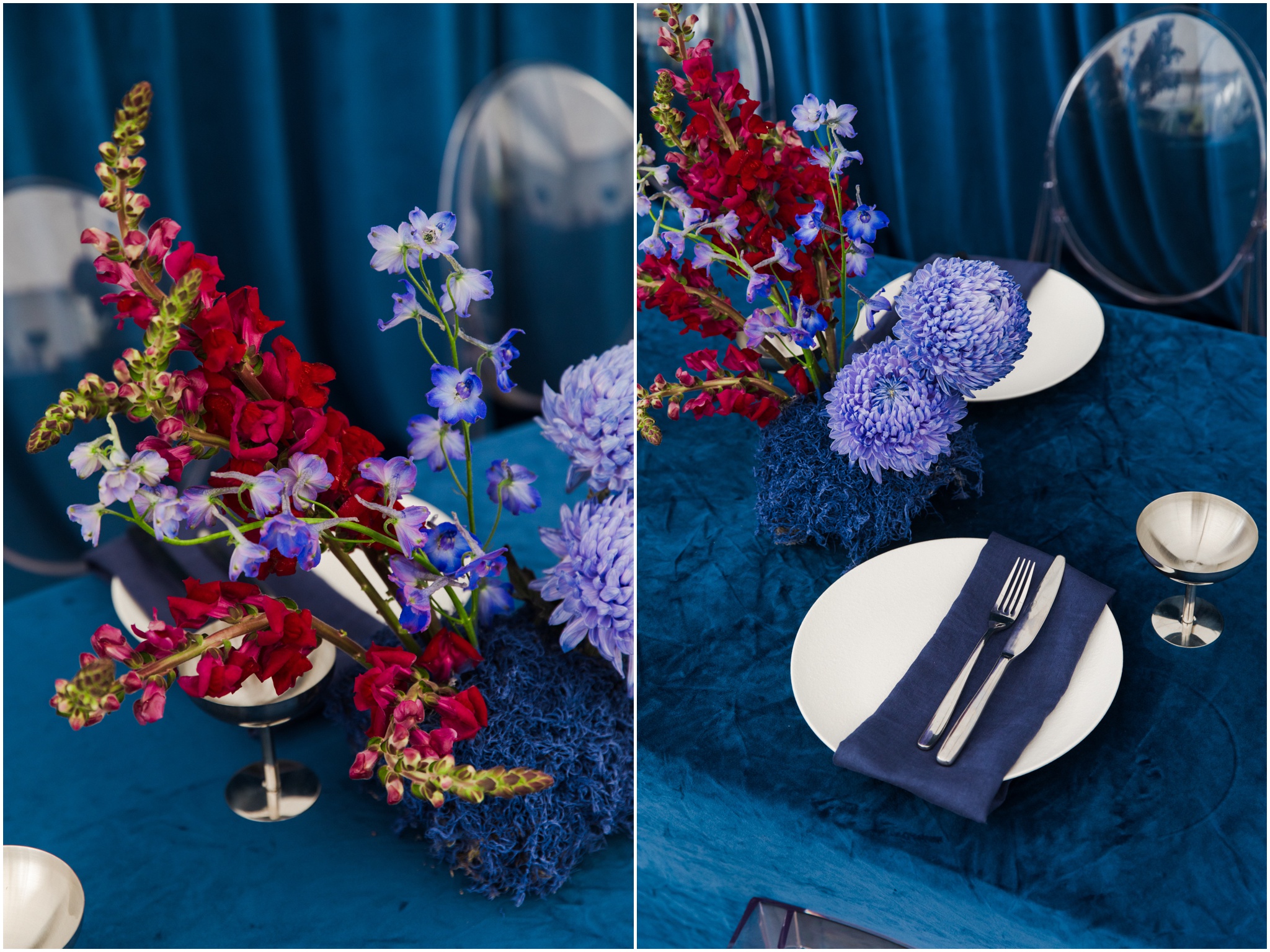 Royal blue wedding styling with blue draping and floral centrepiece