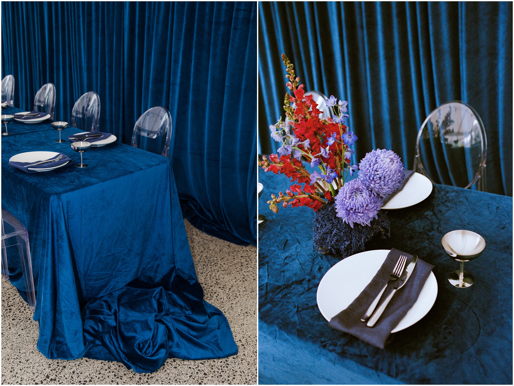 Royal blue wedding table with navy velvet linen and white plates