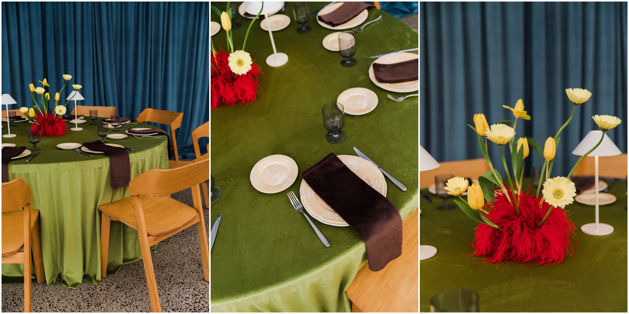 Colourful wedding tablescape at Omahanui Venue with blue velvet draping and red florals