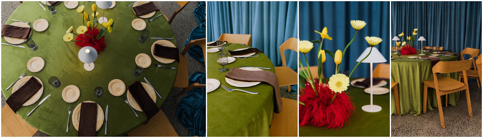 Blue and red wedding table styling at Omahanui Venue in Tauranga
