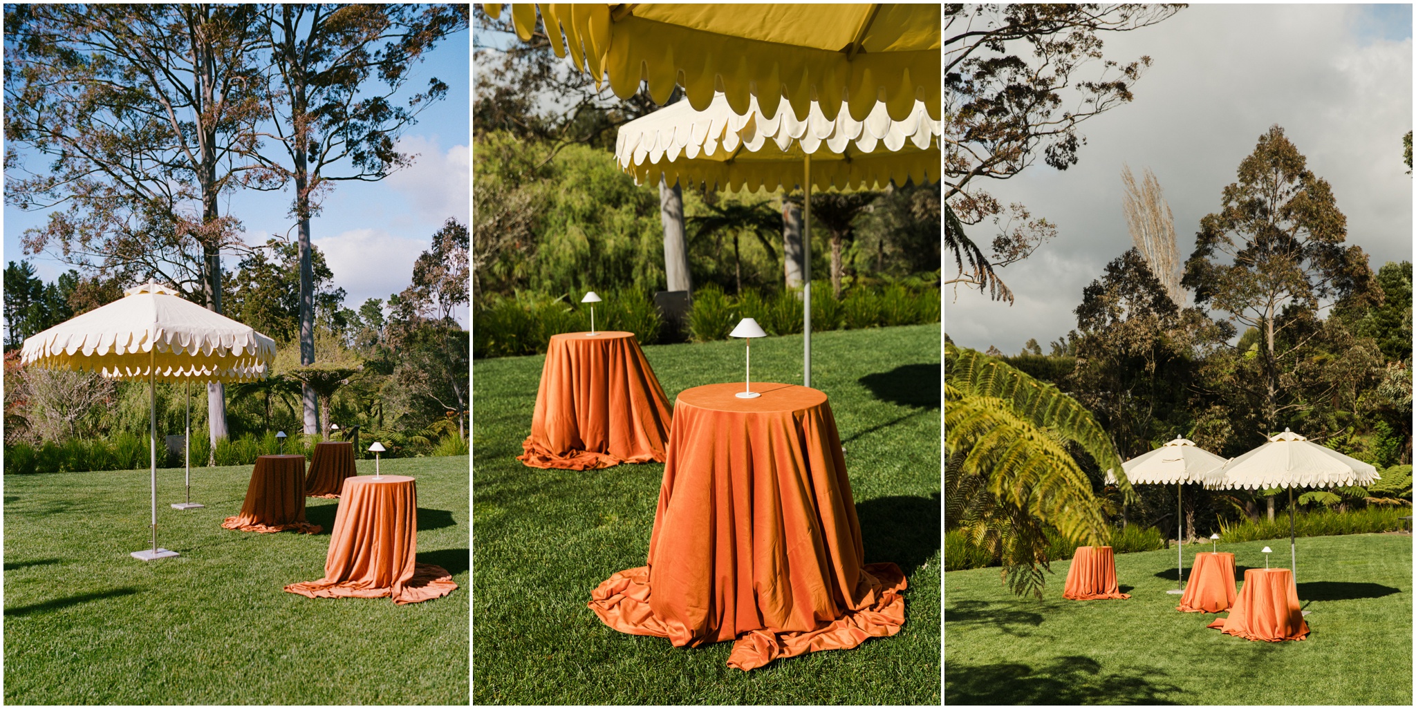 Outdoor wedding tablescape with scalloped umbrellas and orange velvet table