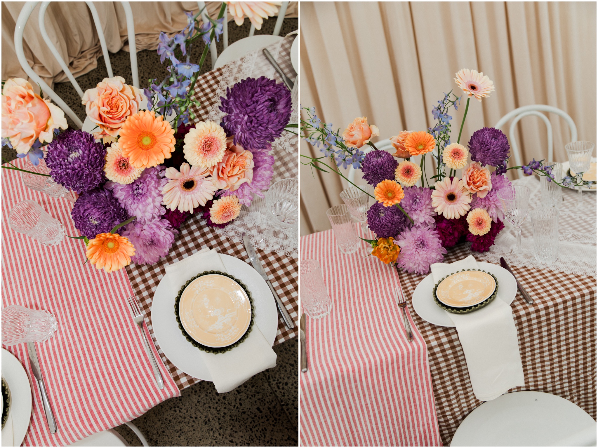 Wedding table setting with colourful flowers, white plates and patterned linens