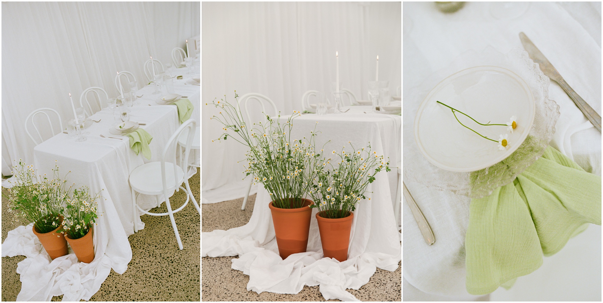 Garden wedding table with terracotta pots, white linen and natural florals