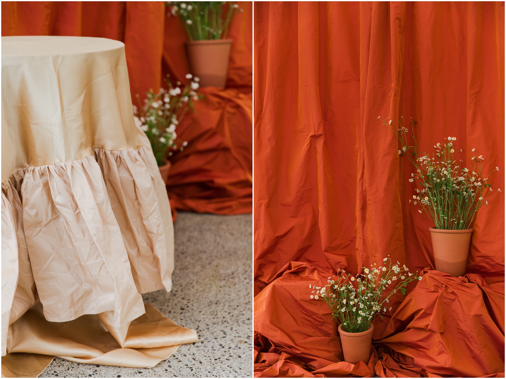 Cream wedding cocktail table with gathered linen and orange draping