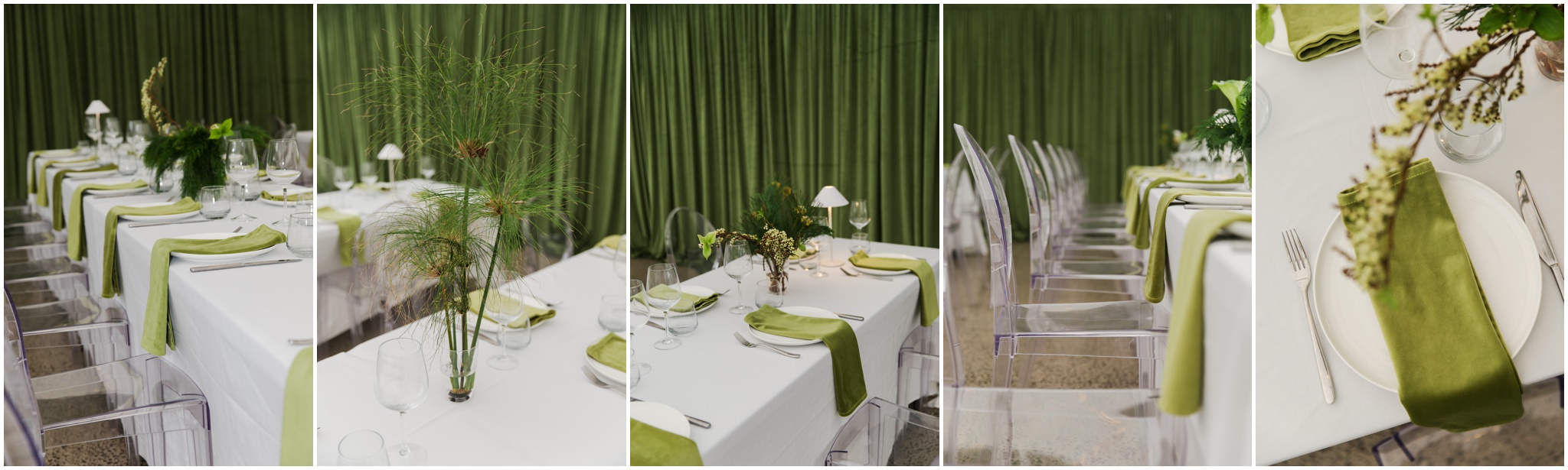 Wedding tablescape with apple green napkins and white linen at Omahanui