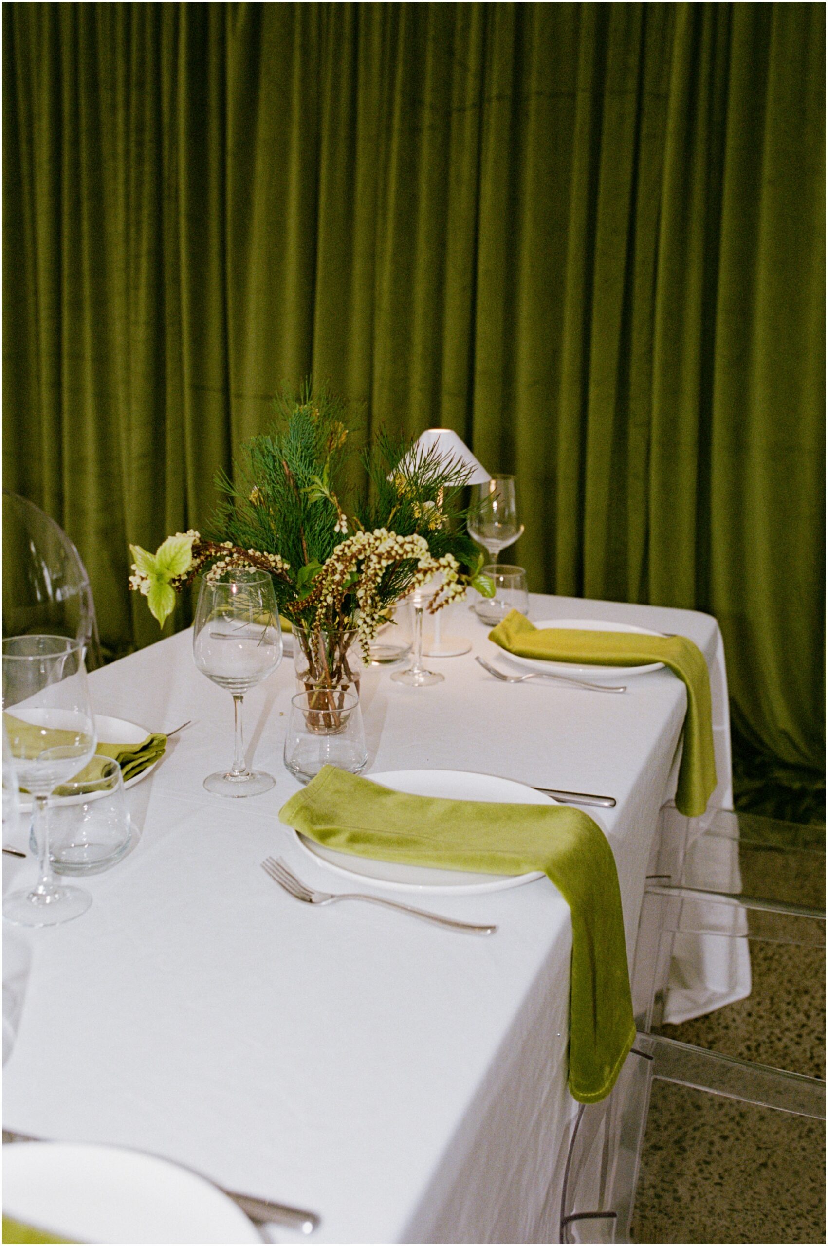 Olive green wedding reception styling at Omahanui Venue