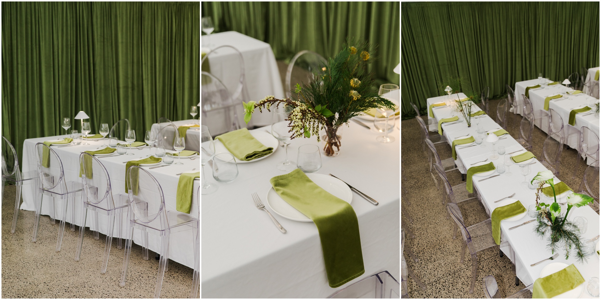 Wedding reception tables styled with olive green draping, white linen and apple green napkins