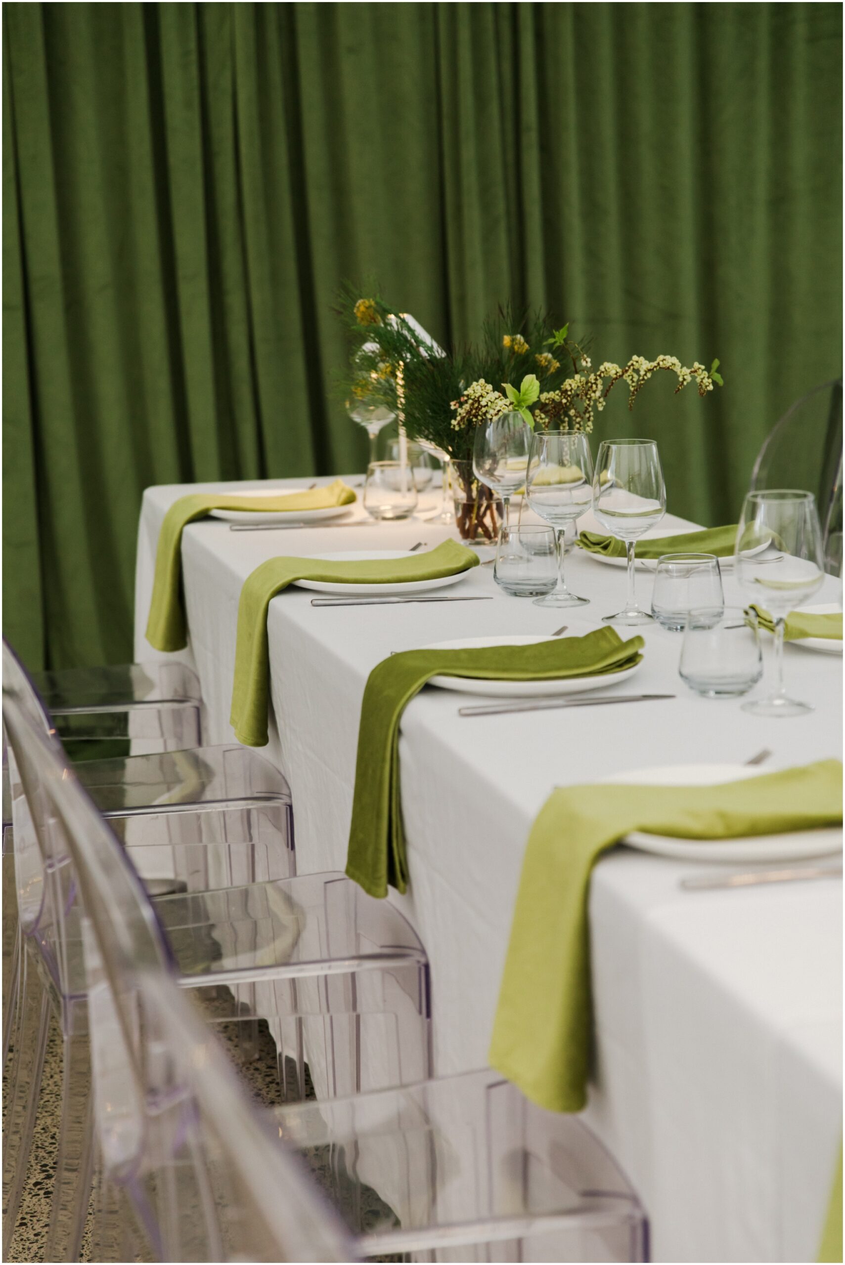 Olive green wedding reception styling at Omahanui Venue